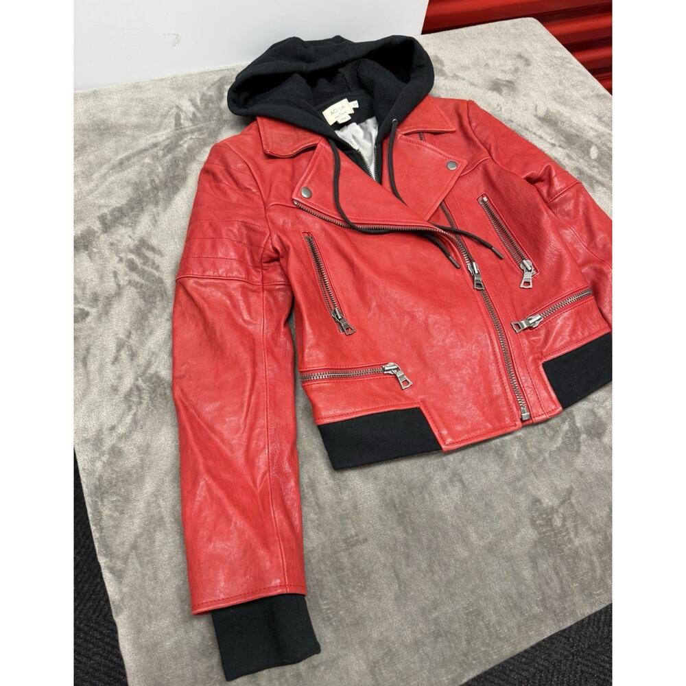 Alice + Olivia Avril Red Lamb Leather Hooded Moto Jacket Small S $995 - Picture 5 of 12